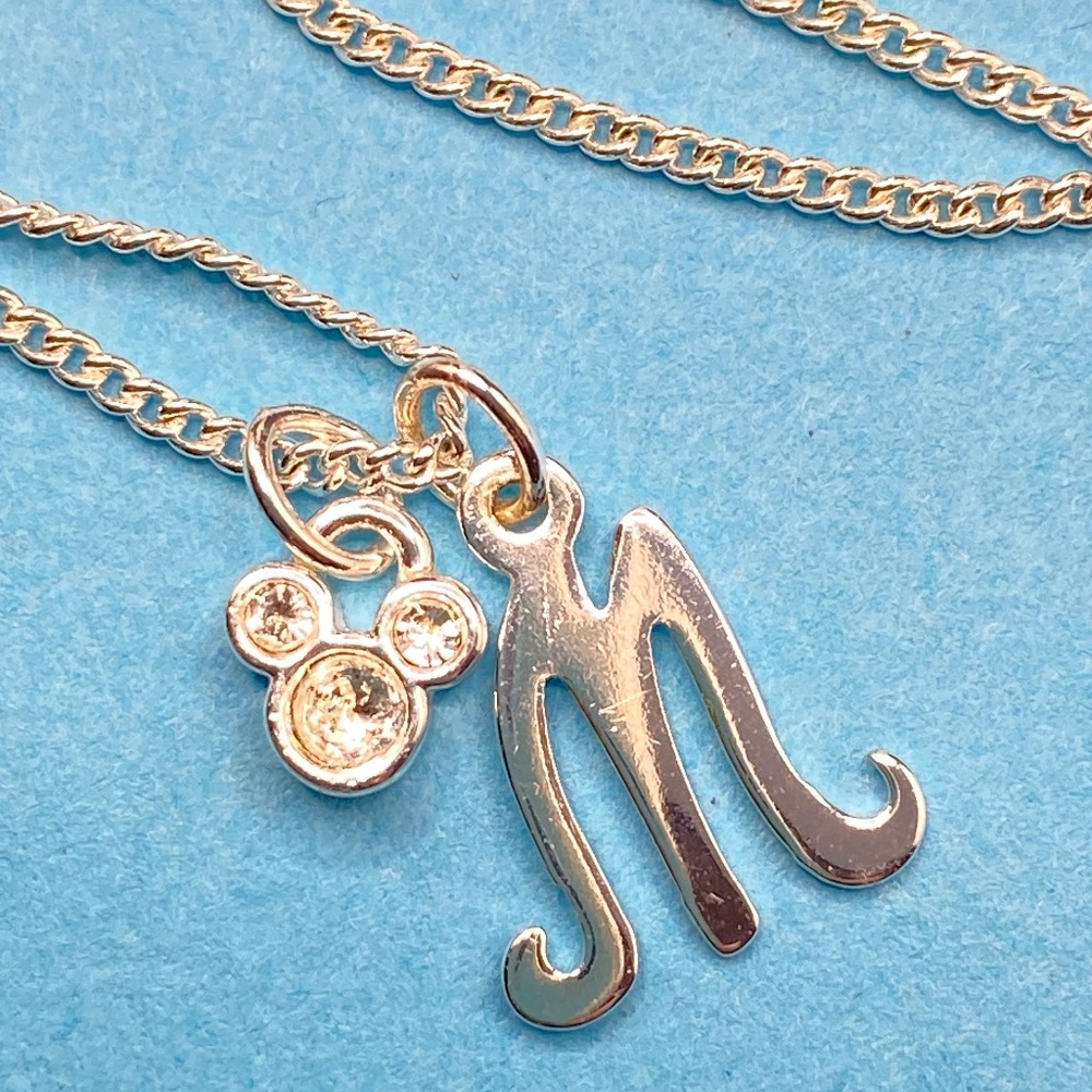 DISNEY Silver  Initial M Necklace Mickey Rhinestones Charm Size 18"